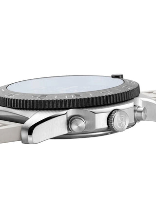 Angle shot of Luminox Chronograph XS.3141.SET Black Dial White Strap Unisex Watch on white background