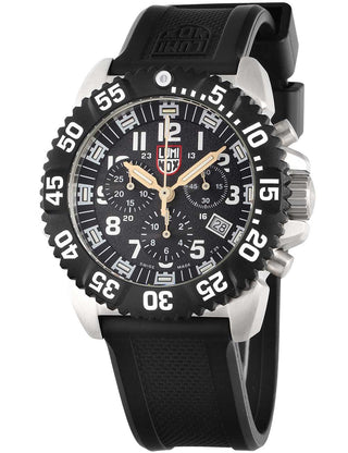Front view of Luminox Chronograph XS.3182 Black Dial Silver Stainless Steel Unisex Watch on white background