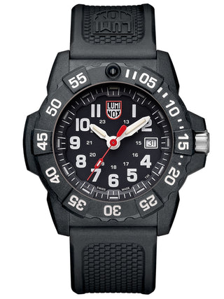 Angle shot of Luminox XS.3501.F Black Silicone Unisex Watch on white background