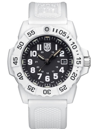 Front view of Luminox XS.3507.WB Black Dial White Strap Unisex Watch on white background