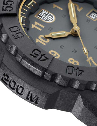 Angle shot of Luminox XS.3508.GOLD Grey Dial Black Strap Unisex Watch on white background