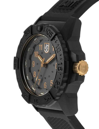 Angle shot of Luminox XS.3508.GOLD Grey Dial Black Strap Unisex Watch on white background