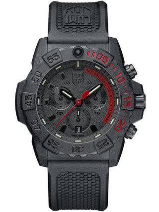 Angle shot of Luminox Chronograph XS.3581.EY Black Silicone Unisex Watch on white background