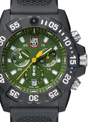 Front view of Luminox Chronograph XS.3597 Green Dial Black Silicone Unisex Watch on white background