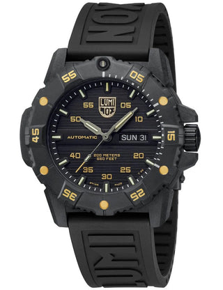 Angle shot of Luminox XS.3865.GOLD Black Silicone Unisex Watch on white background