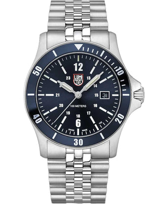 Front view of Luminox XS.0913 Blue Dial Silver Stainless Steel Unisex Watch on white background