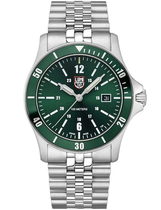 Front view of Luminox XS.0917 Green Dial Silver Stainless Steel Unisex Watch on white background