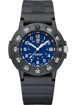 Angle shot of Luminox XS.3003.EVO.S Blue Dial Black Silicone Unisex Watch on white background