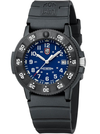 Angle shot of Luminox XS.3003.EVO.S Blue Dial Black Silicone Unisex Watch on white background