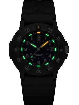 Angle shot of Luminox XS.3003.EVO.S Blue Dial Black Silicone Unisex Watch on white background