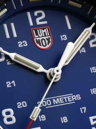 Angle shot of Luminox XS.3003.EVO.S Blue Dial Black Silicone Unisex Watch on white background