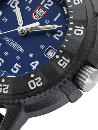 Angle shot of Luminox XS.3003.EVO.S Blue Dial Black Silicone Unisex Watch on white background