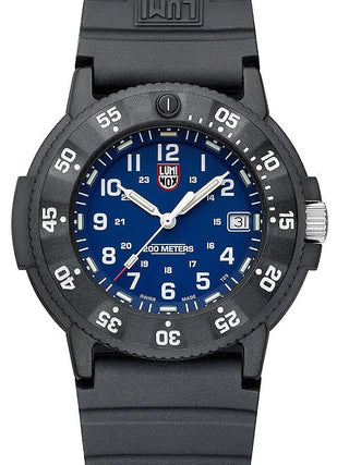 Front view of Luminox XS.3003.EVO.S Blue Dial Black Silicone Unisex Watch on white background