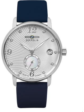Front view of Zeppelin 86311 Silver Dial Blue Leather Womens Watch on white background