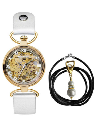 Front view of Zeppelin 74595 Gold Dial White Leather Womens Watch on white background